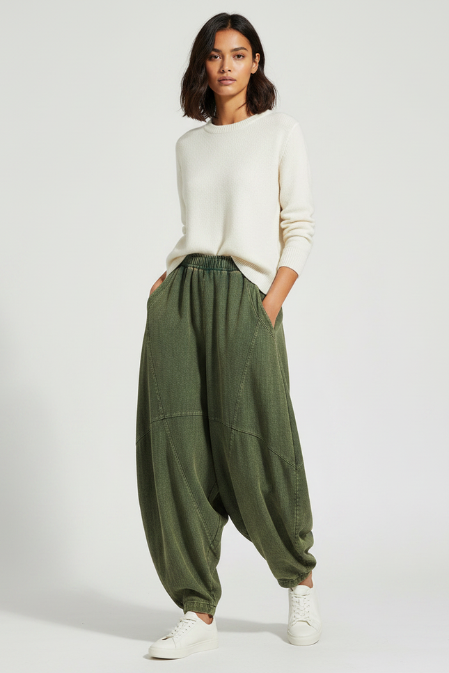 Pantalon Chinois Vert Ample Coton Décontracté Femme - Kaki Jean