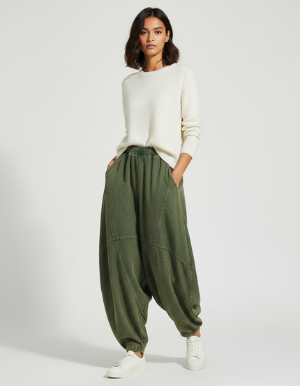 Pantalon Chinois Vert Ample Coton Décontracté Femme - Kaki Jean