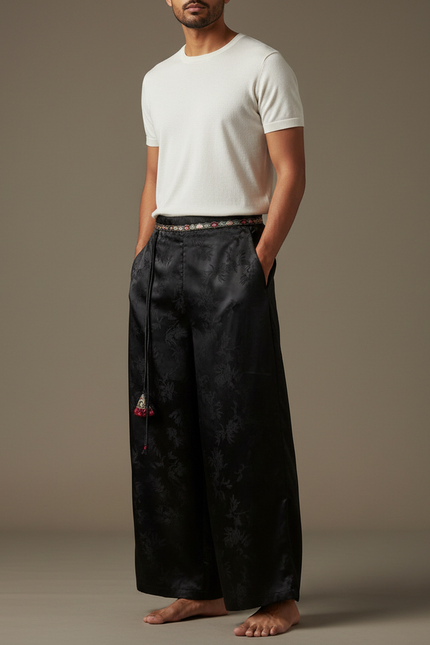 Pantalon Chinois Noir Jacquard Ample Fluide Ethnique - Satin