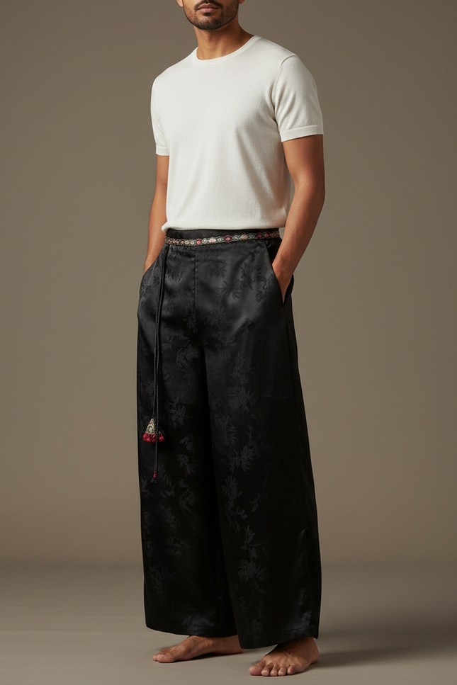Pantalon Chinois Noir Jacquard Ample Fluide Ethnique - Satin