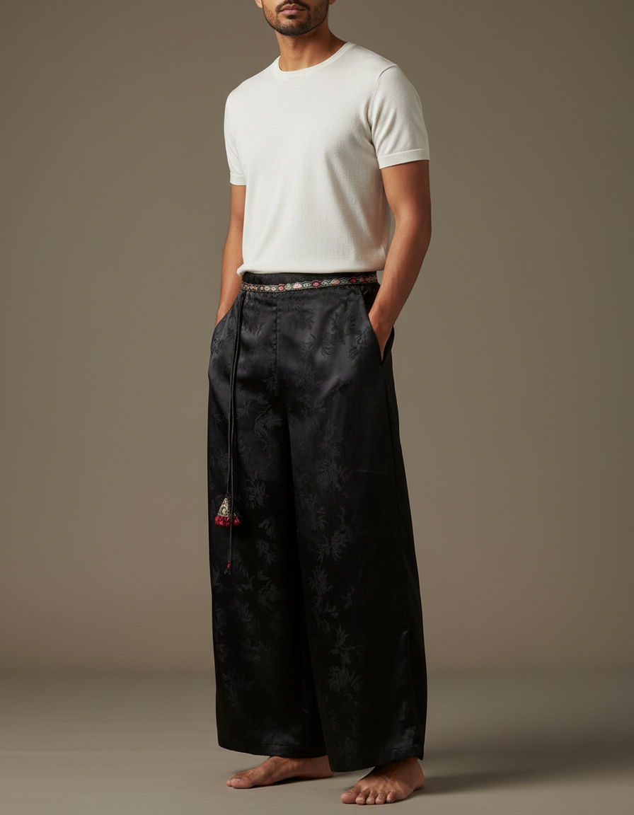 Pantalon Chinois Noir Jacquard Ample Fluide Ethnique - Satin