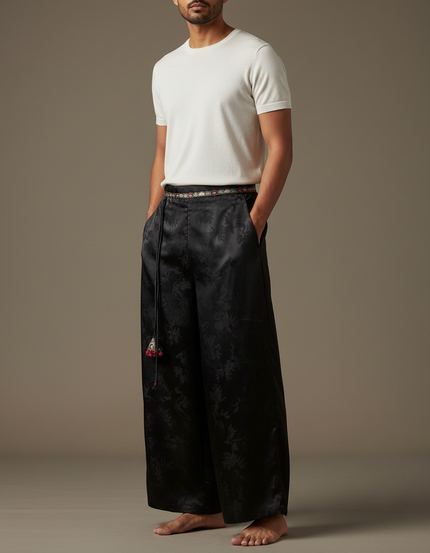 Pantalon Chinois Noir Jacquard Ample Fluide Ethnique - Satin