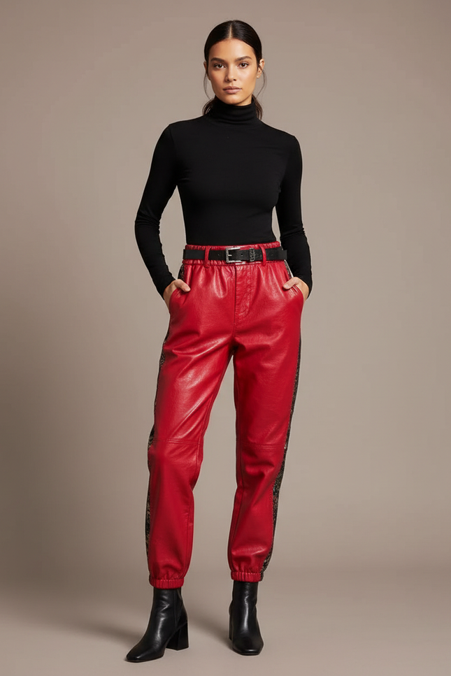 Pantalon Chinois Cuir Rouge Noir Élastiqué Femme