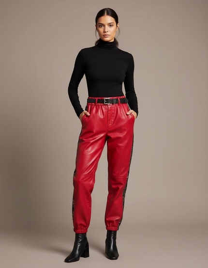 Pantalon Chinois Cuir Rouge Noir Élastiqué Femme