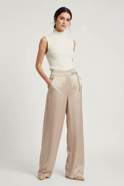 Pantalon Chinois Fluide Satin Beige Ample Élégant