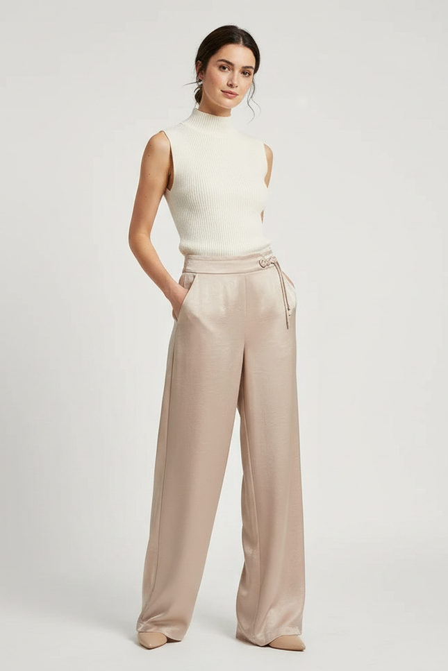 Pantalon Chinois Fluide Satin Beige Ample Élégant