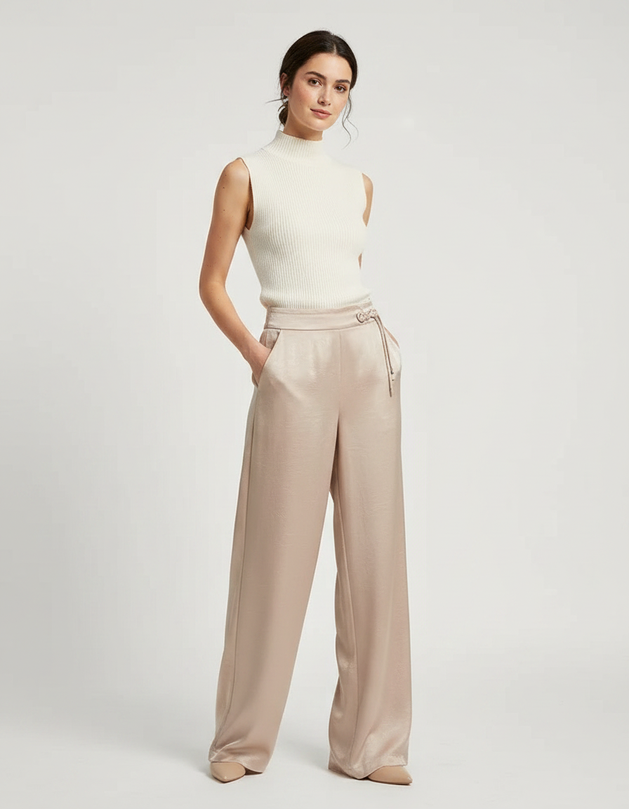 Pantalon Chinois Fluide Satin Beige Ample Élégant