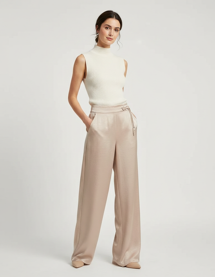 Pantalon Chinois Fluide Satin Beige Ample Élégant
