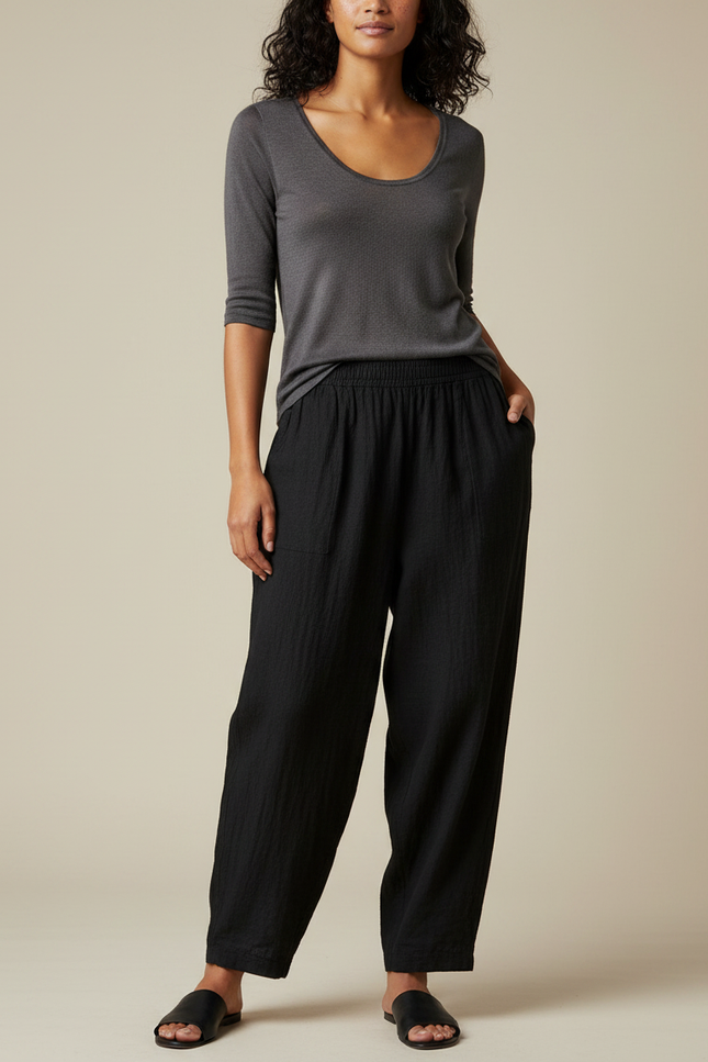 Pantalon Chinois Noir Ample Coton Fluide Femme