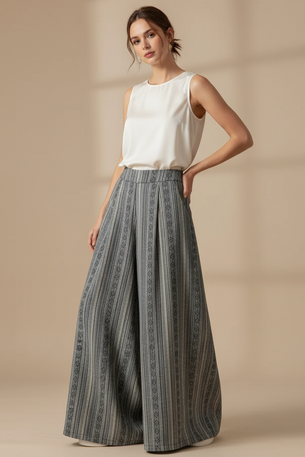 Pantalon Chinois Rayé Ample Ethnique Coton Lin - Gris
