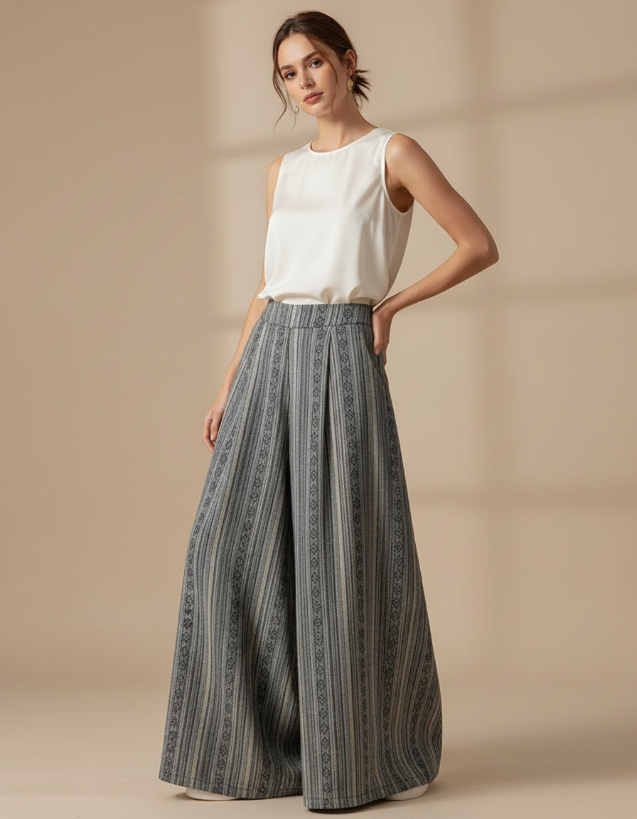 Pantalon Chinois Rayé Ample Ethnique Coton Lin - Gris