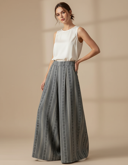 Pantalon Chinois Rayé Ample Ethnique Coton Lin - Gris