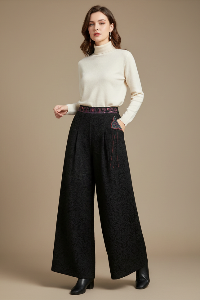 Pantalon Chinois Noir Jacquard Brodé Ample Élégant Femme - Polyester
