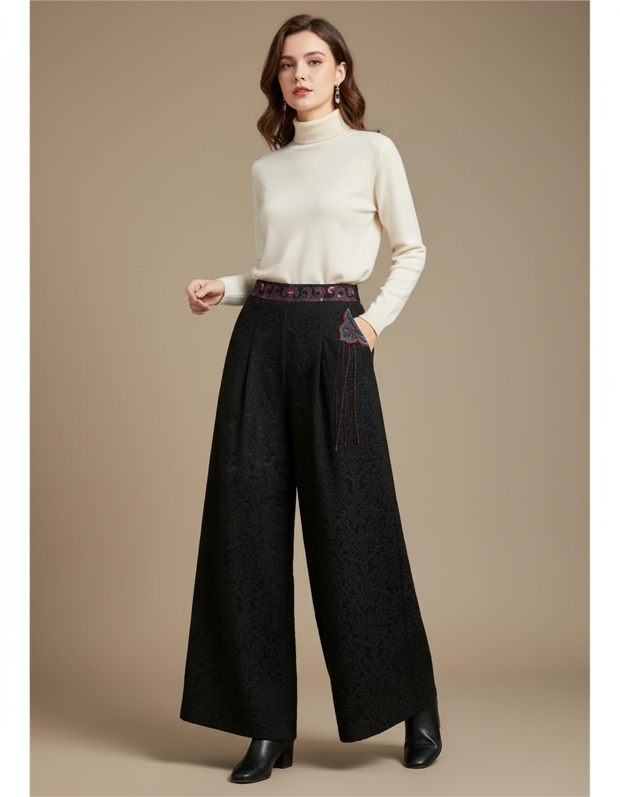 Pantalon Chinois Noir Jacquard Brodé Ample Élégant Femme - Polyester