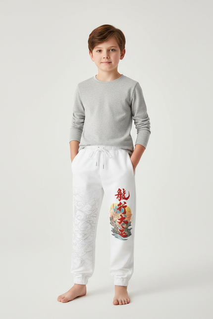 Pantalon Chinois Blanc Molleton Jogger Dragon Garçon