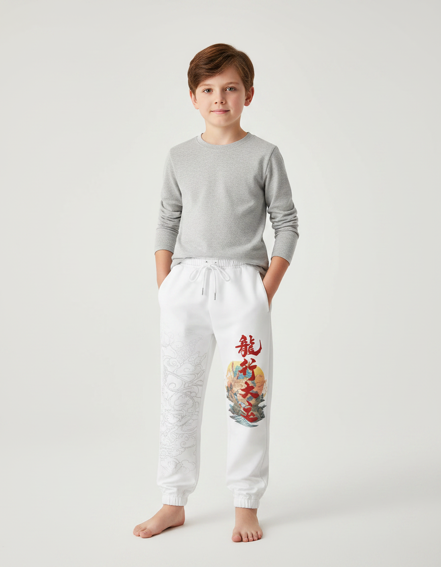 Pantalon Chinois Blanc Molleton Jogger Dragon Garçon