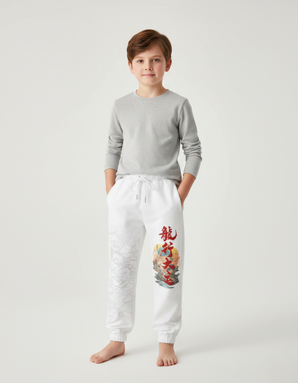 Pantalon Chinois Blanc Molleton Jogger Dragon Garçon