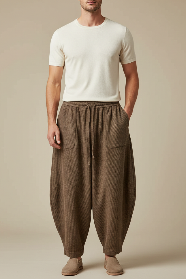 Pantalon Chinois Marron Ample Laine Vintage Homme