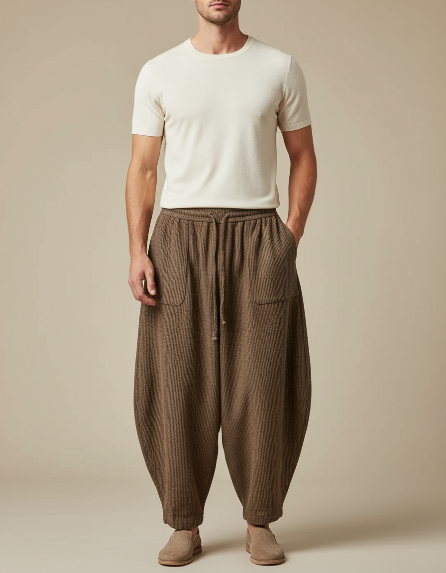 Pantalon Chinois Marron Ample Laine Vintage Homme