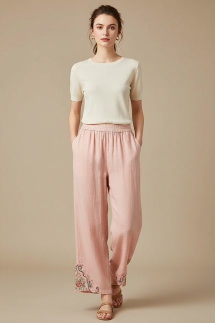 Pantalon Chinois Rose Brodé Floral Fluide Femme - Lin