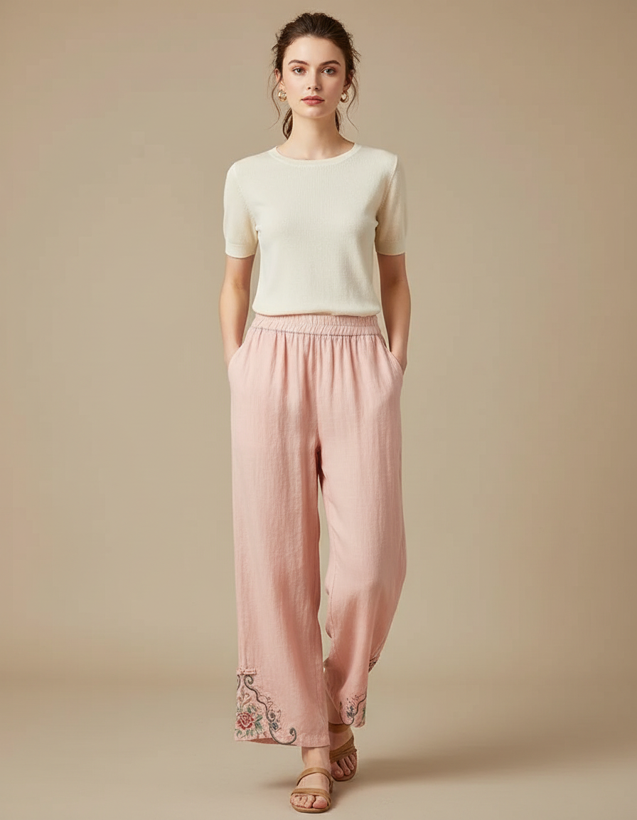 Pantalon Chinois Rose Brodé Floral Fluide Femme - Lin