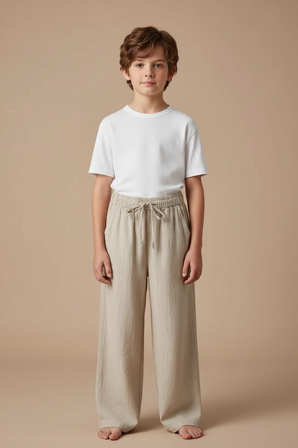 Pantalon Chinois Beige Lin Ample Décontracté Garçon