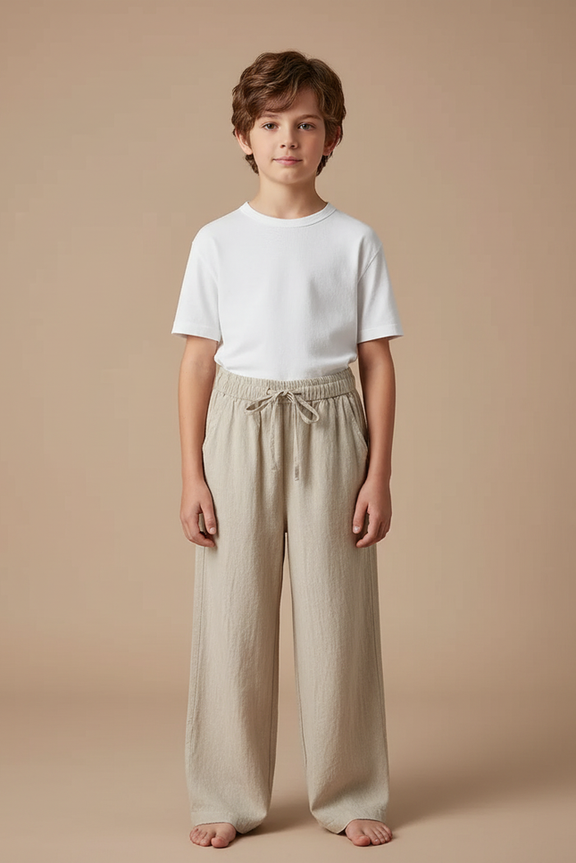 Pantalon Chinois Beige Lin Ample Décontracté Garçon