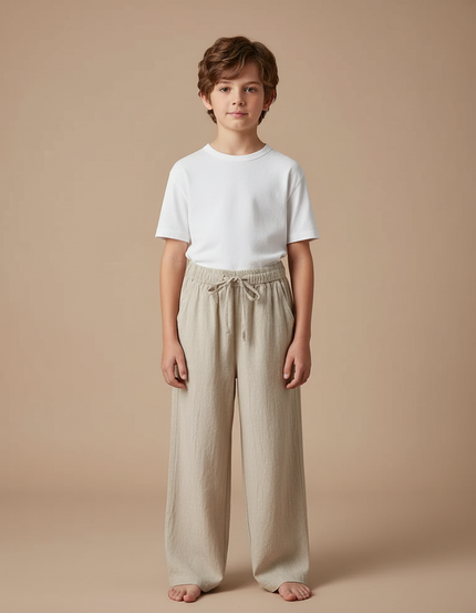 Pantalon Chinois Beige Lin Ample Décontracté Garçon