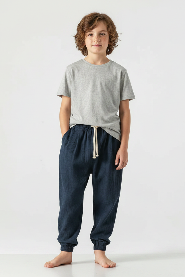 Pantalon Chinois Bleu Marine Coton Ample Garçon Décontracté