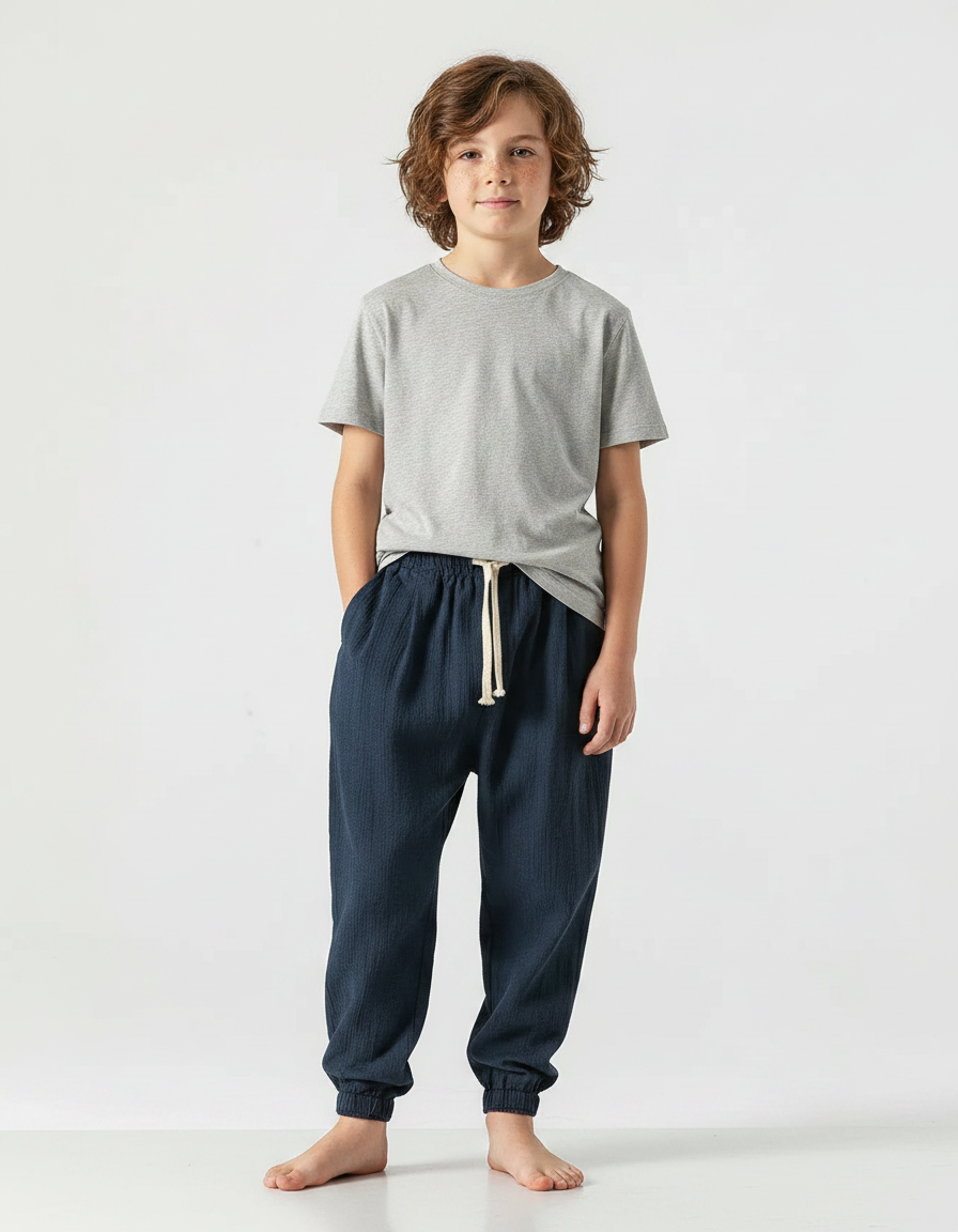 Pantalon Chinois Bleu Marine Coton Ample Garçon Décontracté