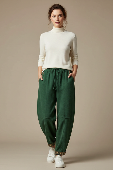 Pantalon Chinois Vert Ample Lin Coton Harem