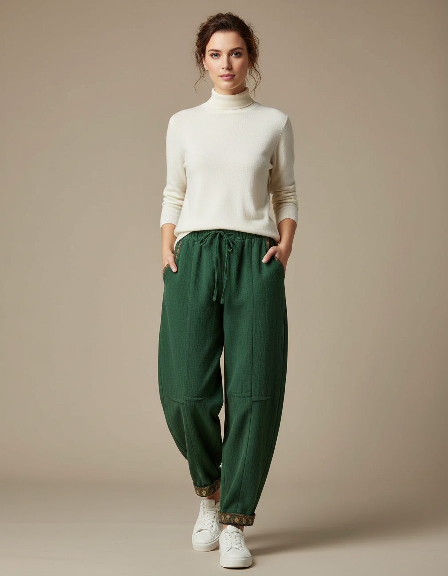 Pantalon Chinois Vert Ample Lin Coton Harem