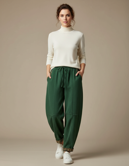 Pantalon Chinois Vert Ample Lin Coton Harem