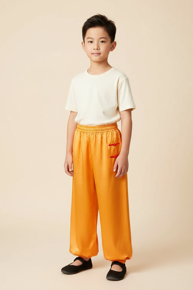 Pantalon Chinois Orange Satiné Ample Enfant Traditionnel