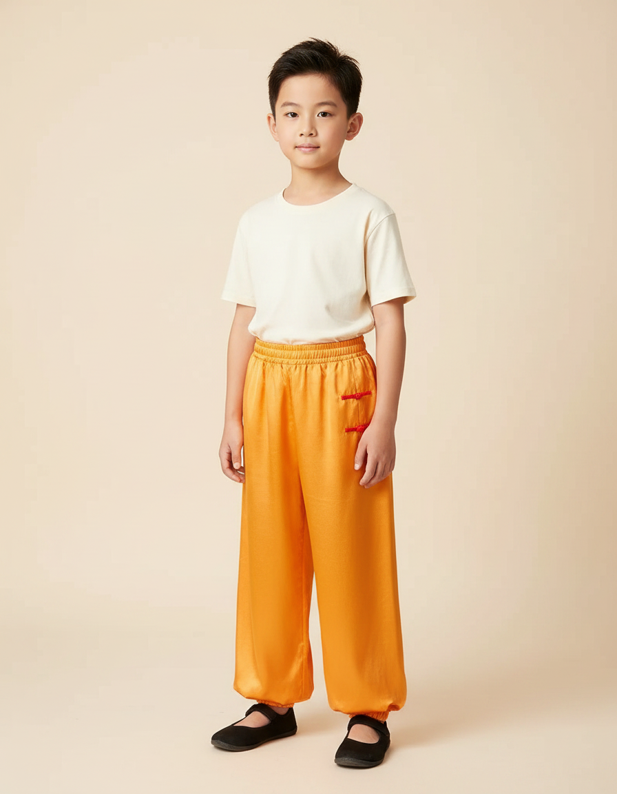 Pantalon Chinois Orange Satiné Ample Enfant Traditionnel