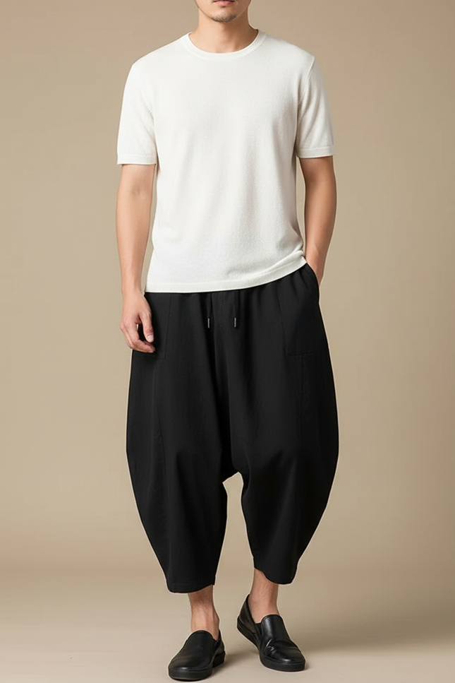 Pantalon Chinois Noir Ample Harem Décontracté Homme - Viscose