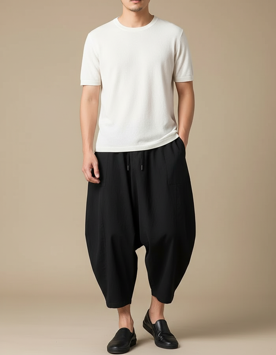 Pantalon Chinois Noir Ample Harem Décontracté Homme - Viscose