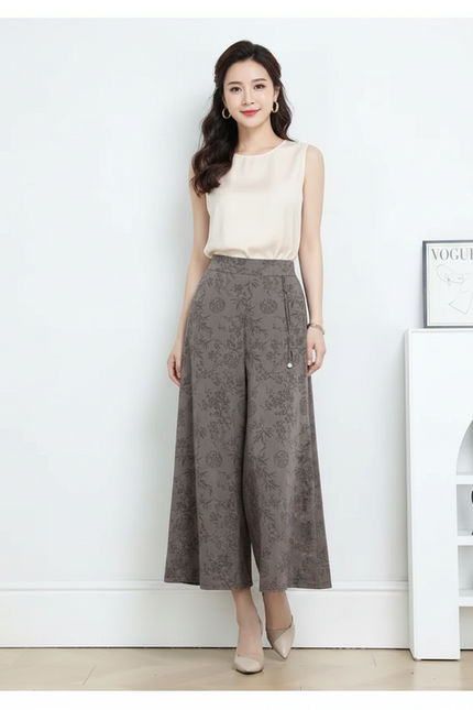 Pantalon Chinois Gris Ample Imprimé Floral Fluide - Viscose