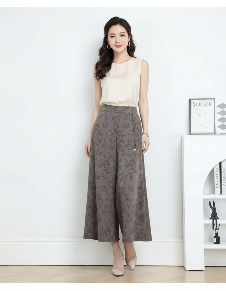 Pantalon Chinois Gris Ample Imprimé Floral Fluide - Viscose