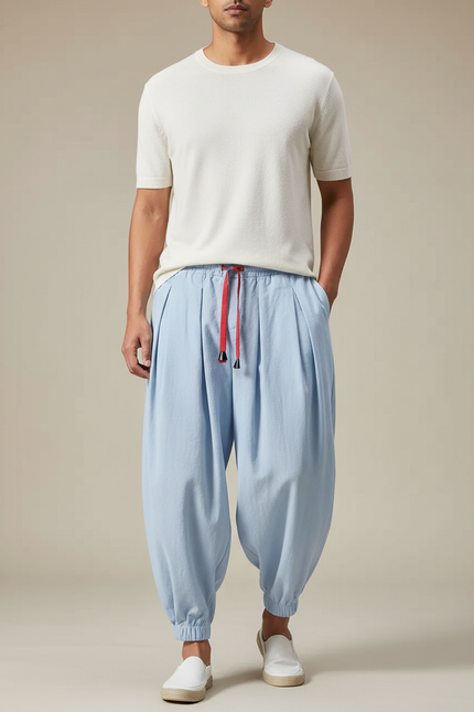 Pantalon Chinois Bleu Ciel Harem Coton Cordon Homme