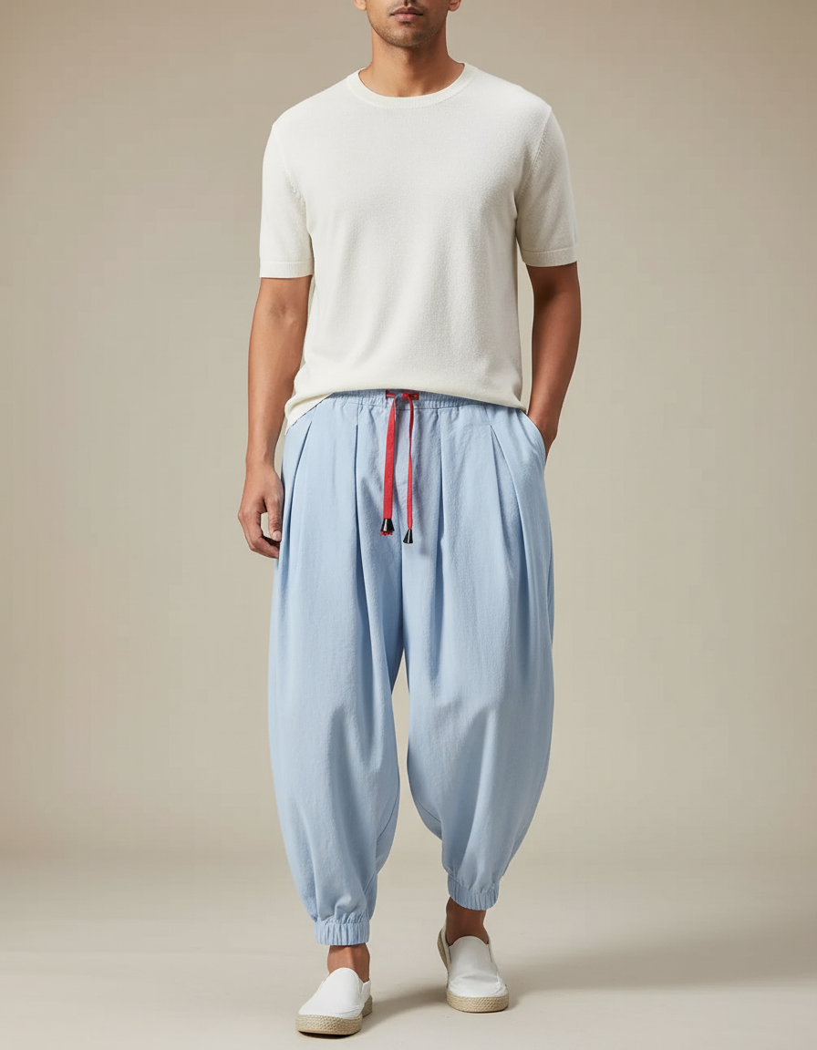 Pantalon Chinois Bleu Ciel Harem Coton Cordon Homme