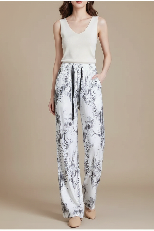 Pantalon Chinois Imprimé Marbré Fluide Ample Décontracté - Viscose