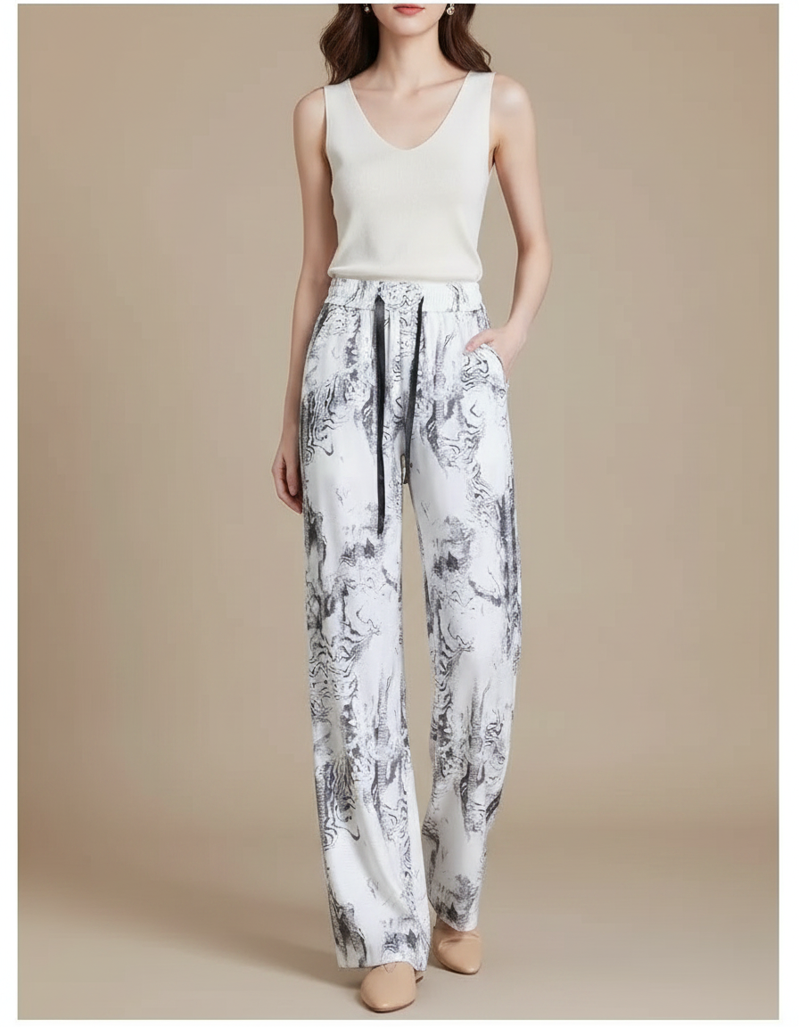 Pantalon Chinois Imprimé Marbré Fluide Ample Décontracté - Viscose