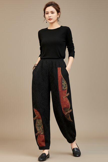 Pantalon Chinois Noir Brodé Harem Décontracté Femme - Coton