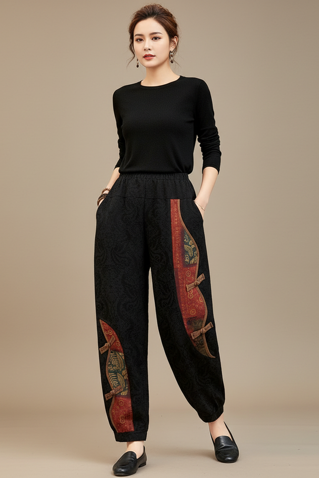 Pantalon Chinois Noir Brodé Harem Décontracté Femme - Coton
