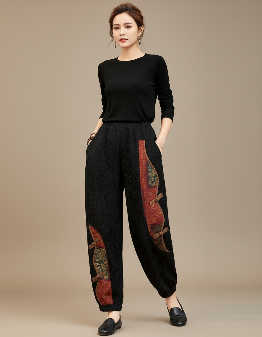 Pantalon Chinois Noir Brodé Harem Décontracté Femme - Coton