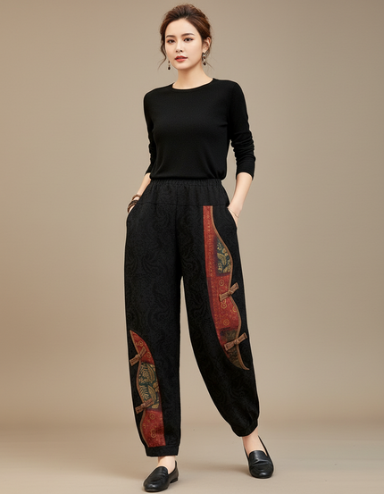 Pantalon Chinois Noir Brodé Harem Décontracté Femme - Coton