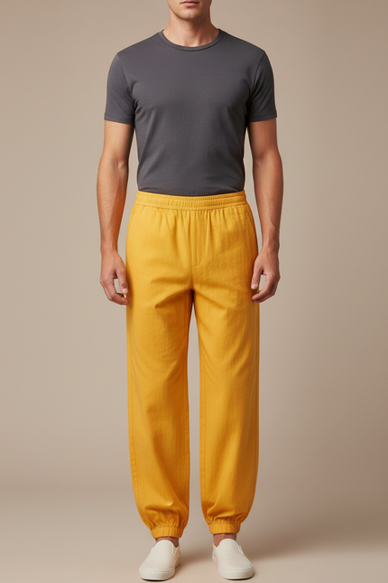 Pantalon Chinois Jaune Ample Coton Élastiqué Unisexe
