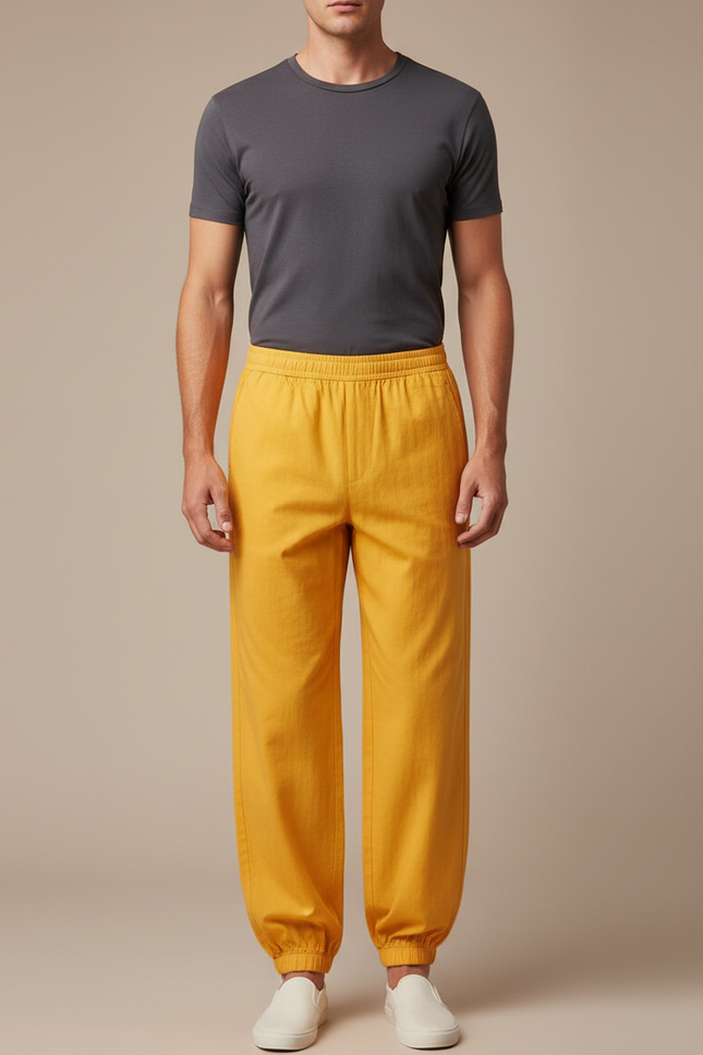 Pantalon Chinois Jaune Ample Coton Élastiqué Unisexe