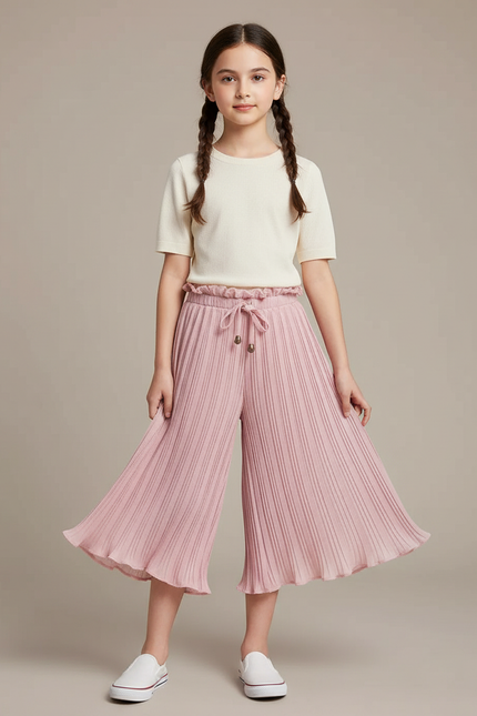 Pantalon Chinois Rose Plissé Fluide Ample Fille - Polyester